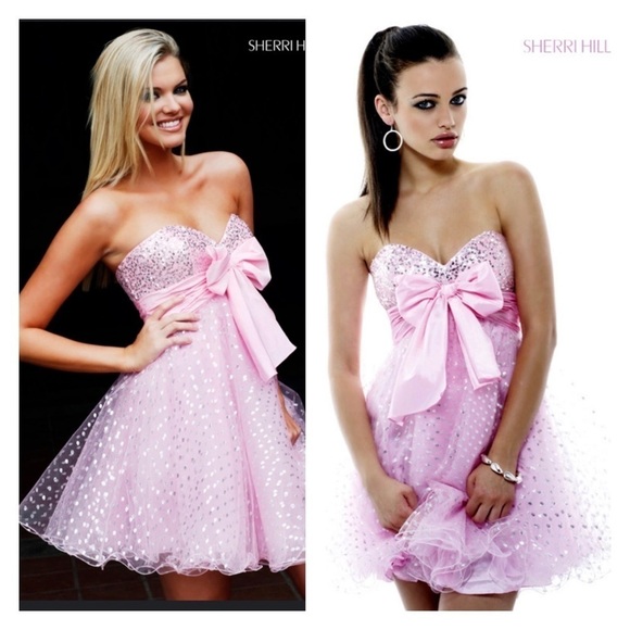 Sherri Hill 1001 Pink Glitter Strapless Bow Tulle Mini Dress NWT Size 10 Prom - Picture 3 of 16